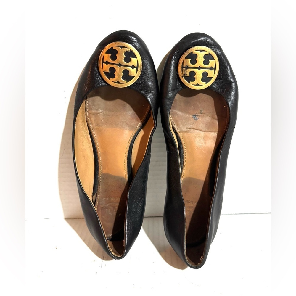 Tory Burch Black Flats with Gold Emblem